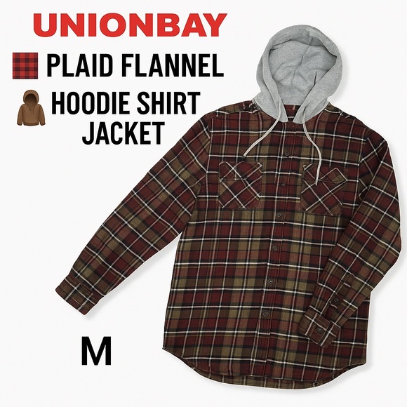 UNIONBAY Men’s Plaid Flannel Hooded Button Down Long sleeve Shirt Jacket Size M - Picture 1 of 5